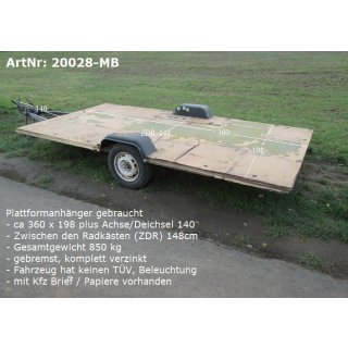 Plattformanhänger  850kg ca 360  x 198 ideal für TINY House, Quad- Zweirad-Maschinentransporter gebr.  mit Brief (Adria 410 Optima IMV)