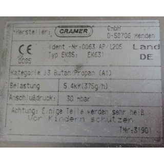 Cramer Kochfeld 3flammig mit Sp&uuml;le gebr. 100 x 48 bzw 56 (30 mBar) passend zB RM 4240 Cramer Typ EK85 EK361