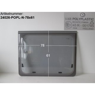 Original Wohnwagenfenster ca 78 x 61 Polyplastic Roxite PMMA 43R-001745 V-X/B  (ca BJ 1990-2000) - neue Lagerware mit Klebestreifen-Resten