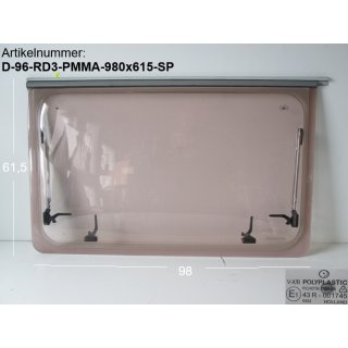 Dethleffs Wohnwagen Fenster ca 98 x 61,5 V-X/B Polyplastic Roxite PMMA E1 43R-001745 0403 gebr, zB. RD3 BJ 96 - Sonderpreis (Kratzer)