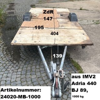 Plattformanhänger 1000kg ca 404 x 195 (plus Deichsel 139) mit Brief, Alko, ZdR 147, ideal für TINY House, Quad- Zweirad-Maschinentransporter gebr. (IMV Adria 2 440 BJ 89)