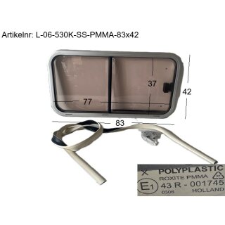 Original LMC Wohnwagen/Wohnkabine/Wohnmobil Schiebefenster ca 83 x 42 bzw 77 x 37 gebr. (ohne Innenrahmen) Schiebescheibe Ausschnitt 77x37 Polyplastic Roxite PMMA 43R-001745 0306 (zB LMC 530K BJ 2006)