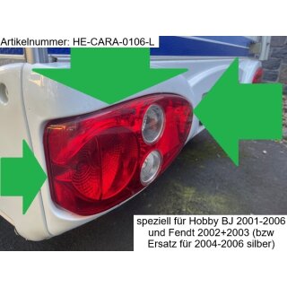 Hella Caraluna Rückleuchte / Rücklicht, Fahrtrichtung LINKS, gebr., mit Nebelschlussleuchte (Hecklicht/Heckleuchte/Lampe/Leuchte/Rücklicht/Rückleuchte) speziell für Hobby BJ 2001-2006 und Fendt 2002+2003 (Ersatz 04-06 silb) EAN 6090314716784 6501320001