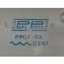 Hobby Wohnwagenfenster Parapress gebraucht ca 94,3 x 57,5 bzw 84,7 x 47,5  (PPGY-RX D2167) mit Hobby-Logo unten rechts, Herstellerlogo oben rechts, Rand hellgrau (aus Hobby 440 BJ 97)