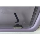 Hobby Wohnwagenfenster Parapress gebraucht ca 94,3 x 57,5 bzw 84,7 x 47,5  (PPGY-RX D2167) mit Hobby-Logo unten rechts, Herstellerlogo oben rechts, Rand hellgrau (aus Hobby 440 BJ 97)