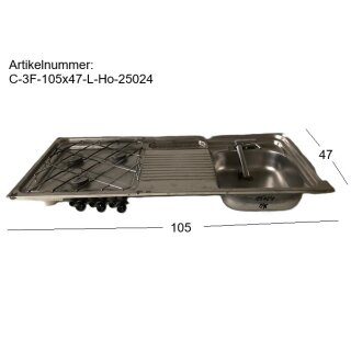 Cramer Kochfeld 50mba 3-flammig (links) mit Spülbecken gebr. ca 105 x 47 cm (zB Hobby 510) 50 mBar OHNE Typenschild Sonderpreis