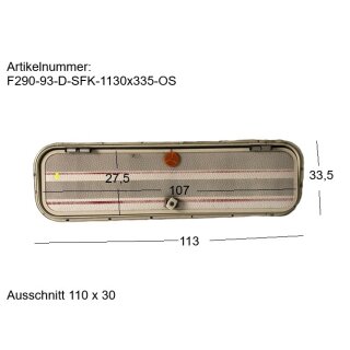 Dethleffs Staufachklappe ohne Schlüssel ca 113 x 33,5 bzw 107 x 27,5 gebr. für Ausschnitt 110x30 (Stauraumklappe, Serviceklappe) ohne Schlüssel, aus Fiat Ducato 290 mit Dethleffs-Aufbau BJ 93